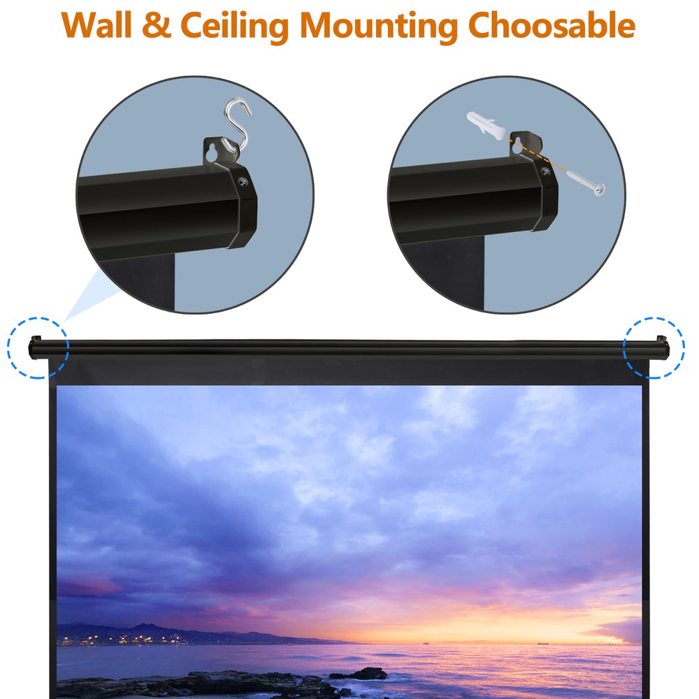 100" Projector Screen Manual Pull Down Projection Screen Theater 16:10 4K Black