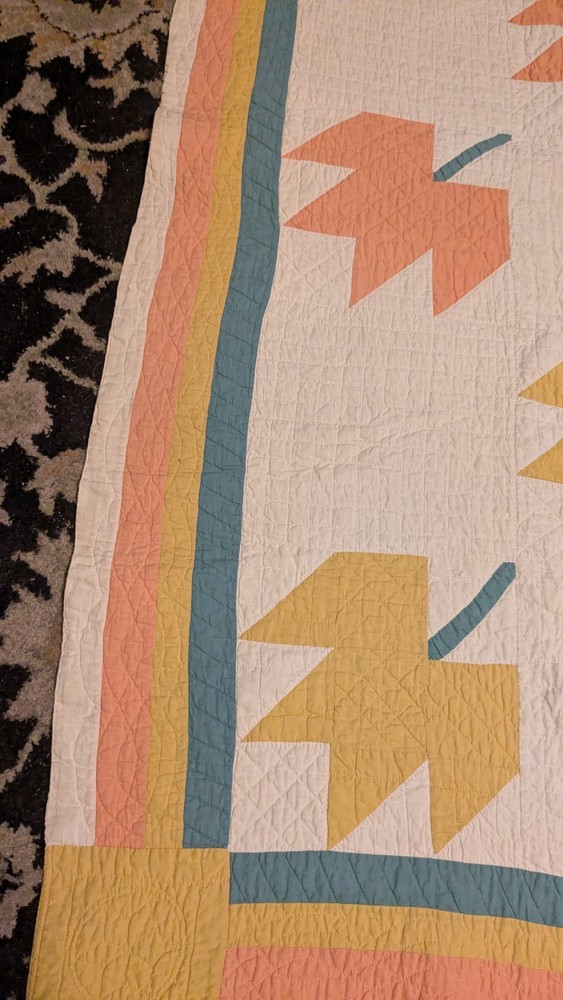 Antique Old Hand Stitched Multicolor Textile Maple Leaf Quilt 72"