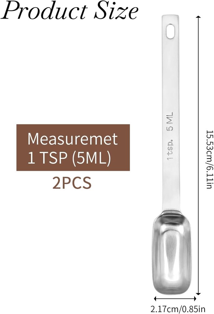 Stainless Steel Measuring Spoons Set - 2 Pcs 1 Teaspoon 5 ML Rectangular