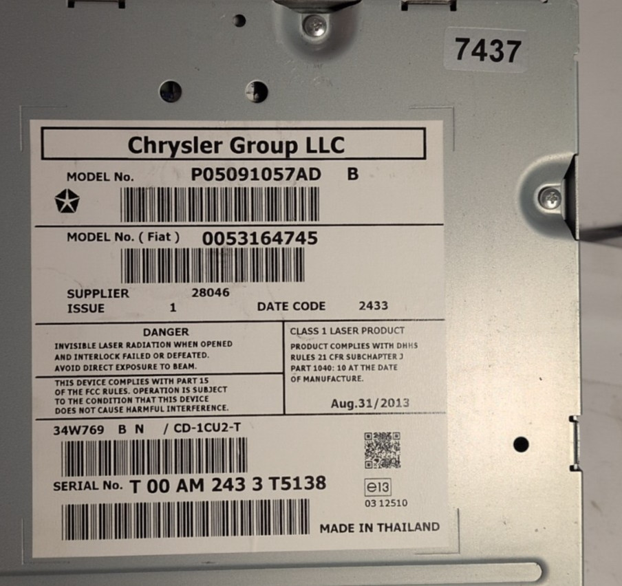 2013-2016 Dodge Dart Single Compact Disc CD / DVD Player Unit