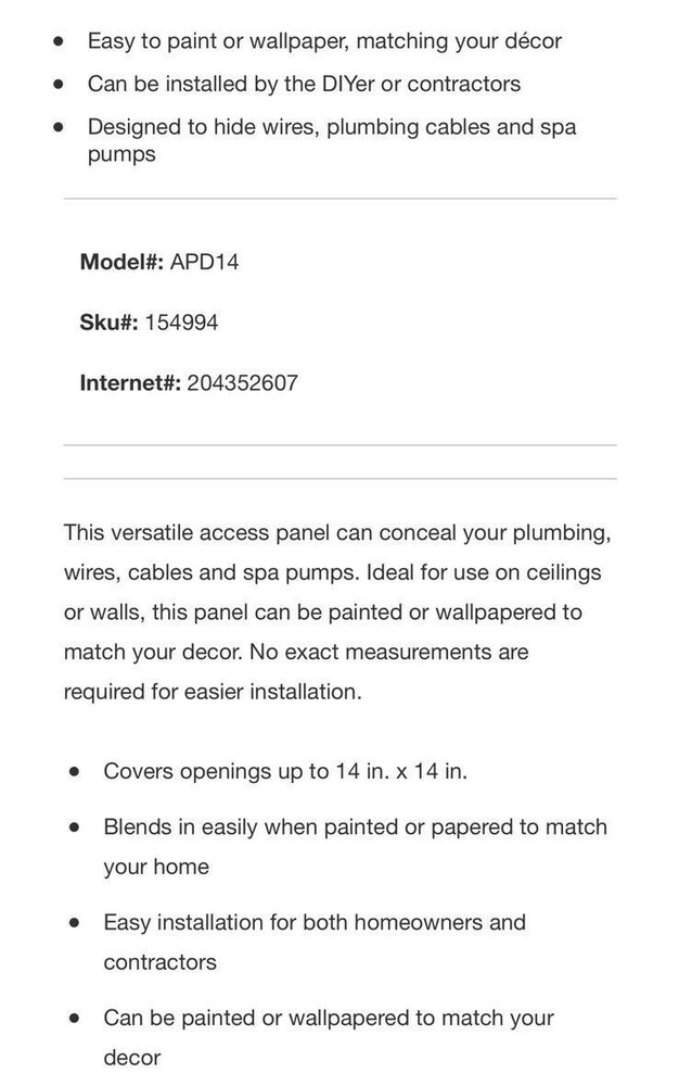 ~~EVERBILT 14" X 14" ACCESS PANEL WITH FRAME~COVER HOLE~WHITE~PAINTABLE~~
