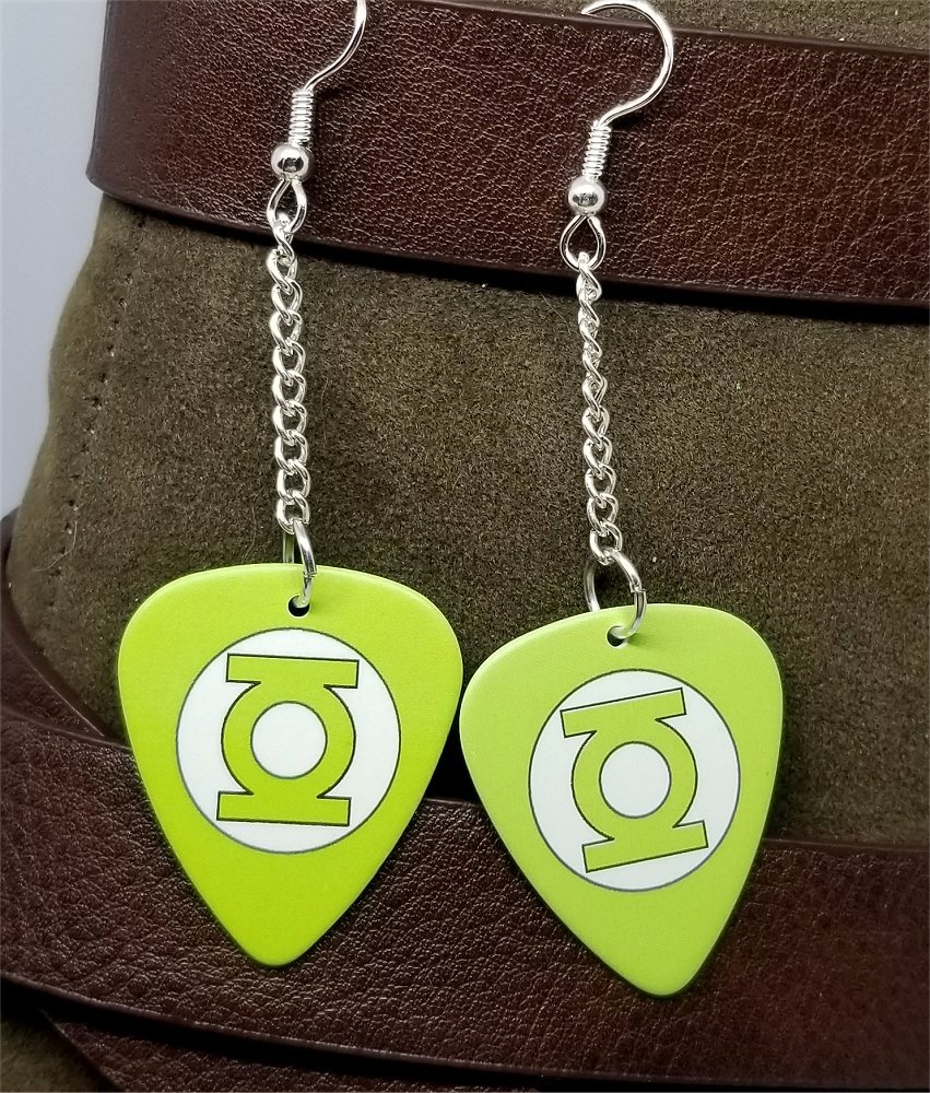 Green Lantern Dangling Guitar Pick Earrings