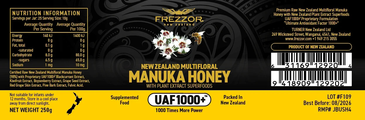 FREZZOR NEW ZEALAND MULTIFLORAL MANUKA HONEY UAF1000+, Cold & Flu Symptom Relief