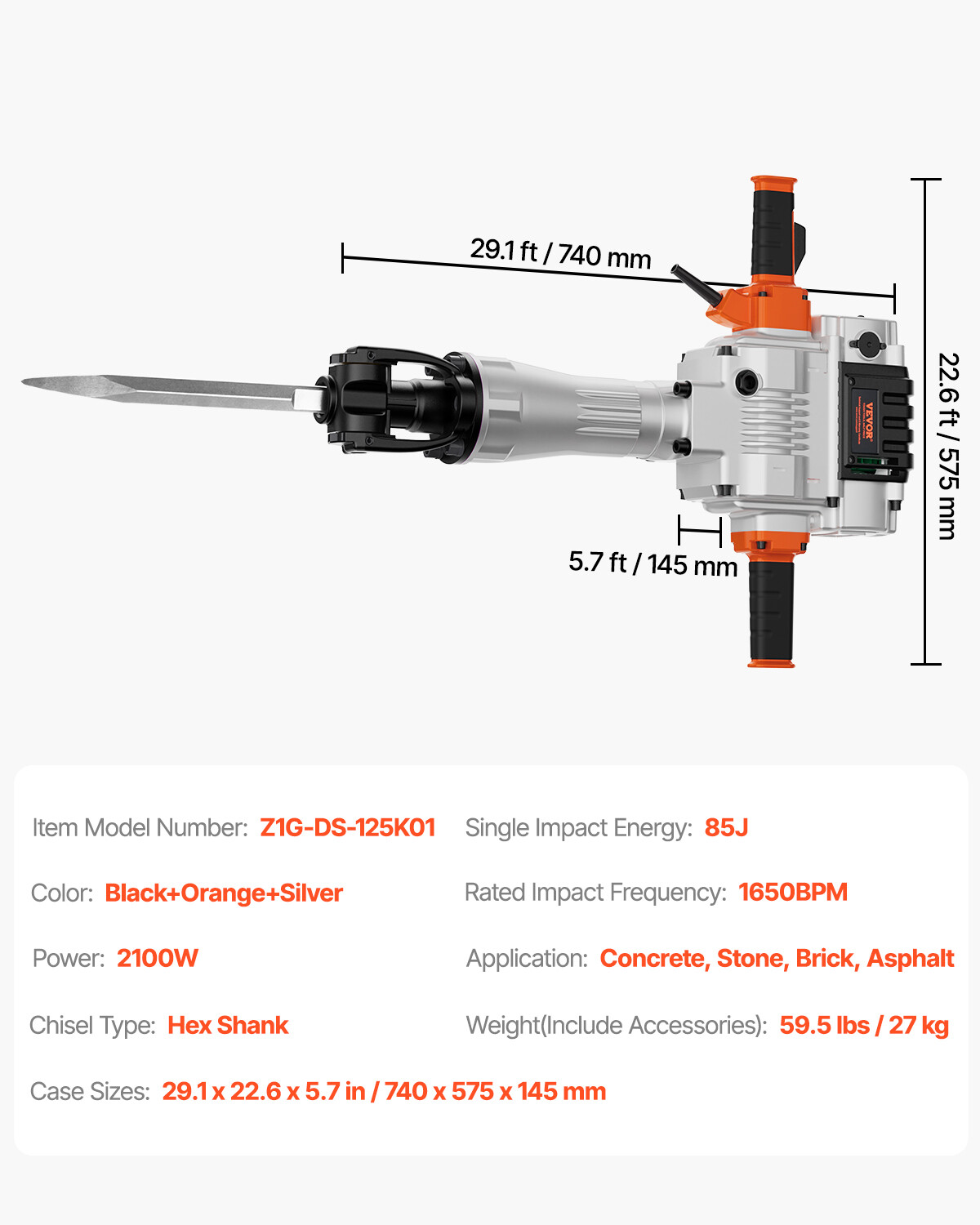 Demolition Jack Hammer Concrete Breaker 2100W Electric Hammer 2 Chisel Bit