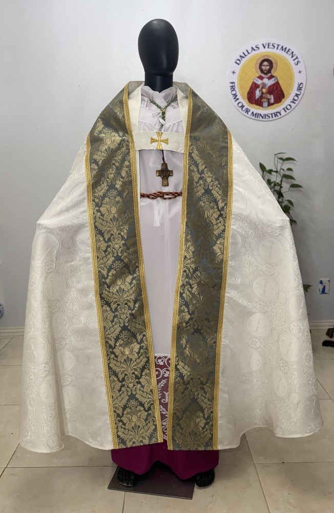 WHITE COPE VESTMENT - BLUE JACQUARD ORPHREY WITH STOLE