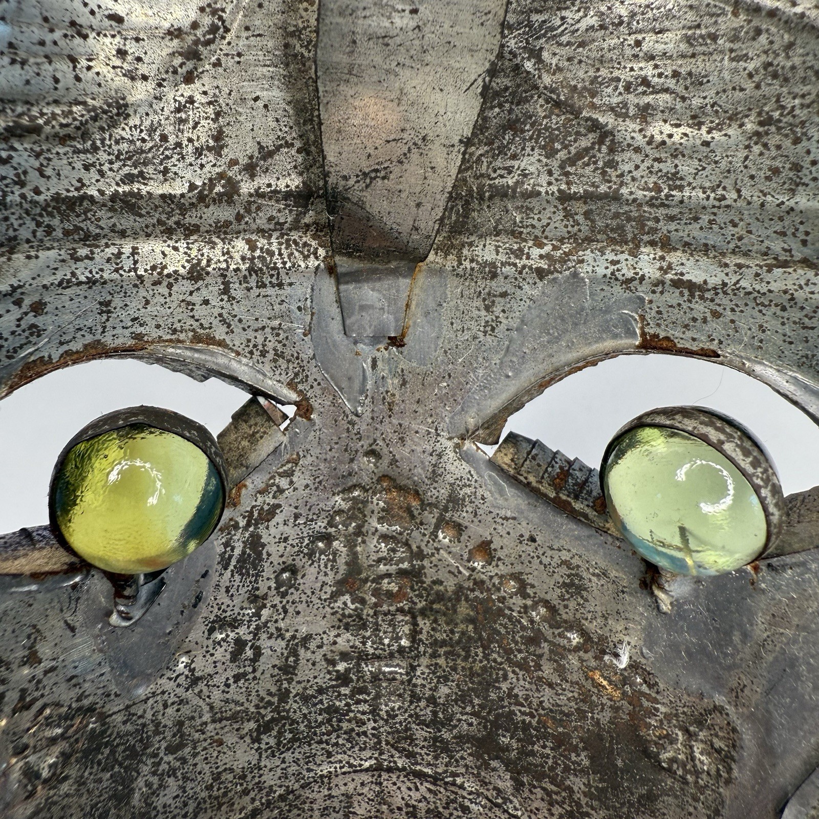 Mexican Tin Folk Art Face Mask Green Glass Eyes Wall Hanging Vintage Cultural