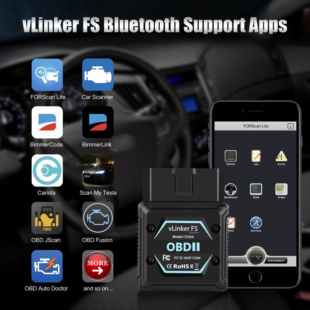 Vgate vLinker FS Bluetooth OBD2 Diagnostic Scan Tool for iOS, Android & Windows