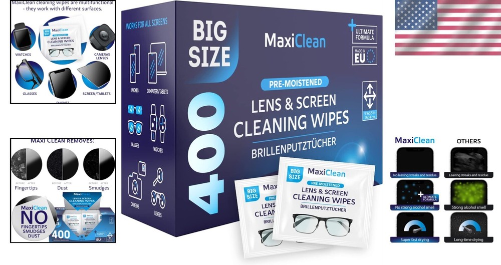 Eco-Friendly 400 Count Lens Wipes - Effective Cleaner for Glasses & Electronics
