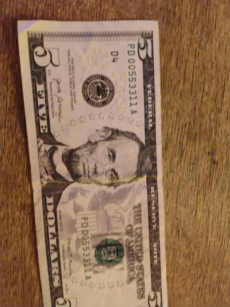 United States $5 Error Note Misaligned Printing Serial PD00553311A