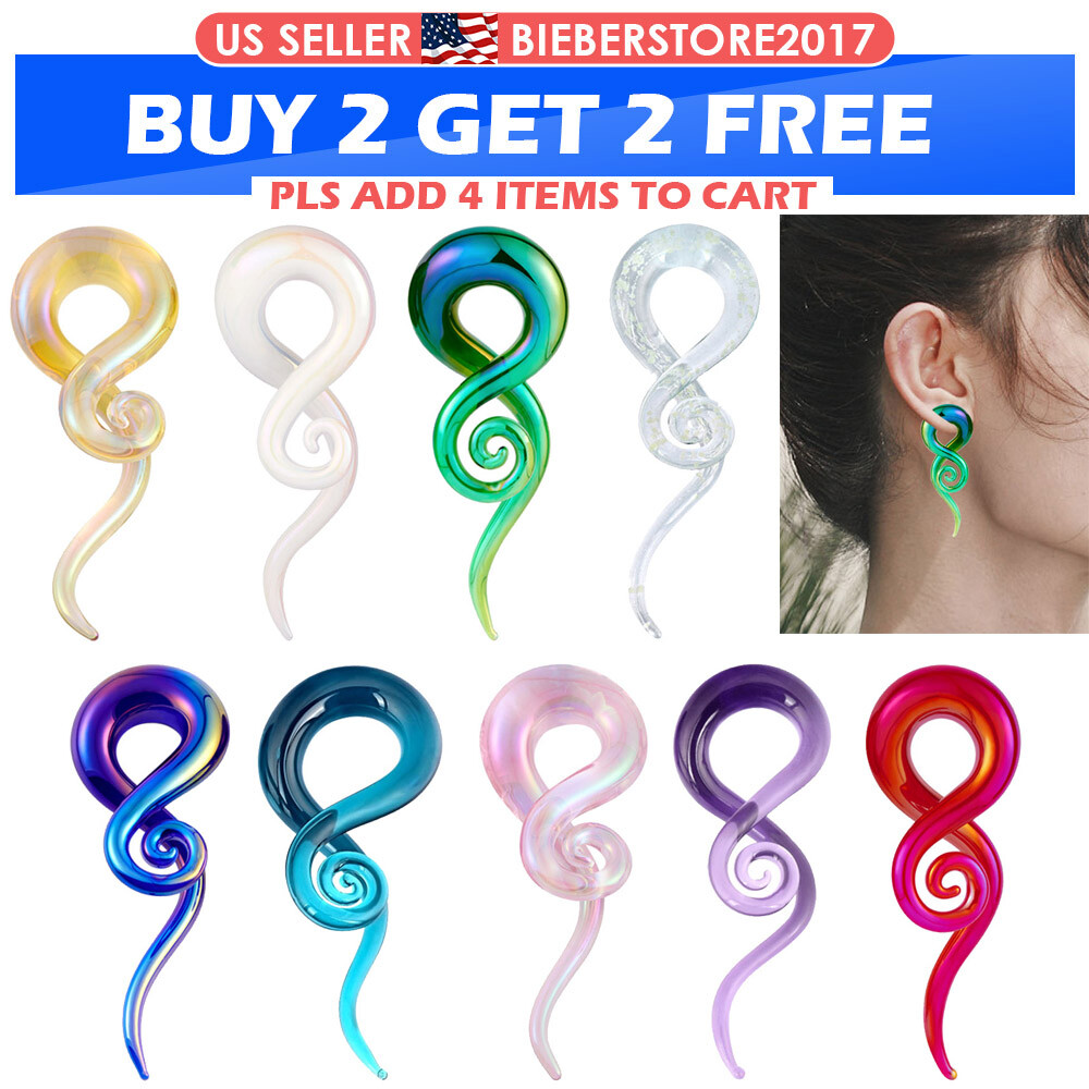 2PCS PYREX GLASS EAR TAPER PLUGS TUNNELS SPIRAL TWIST EARRING EAR GAUGE EXPANDER