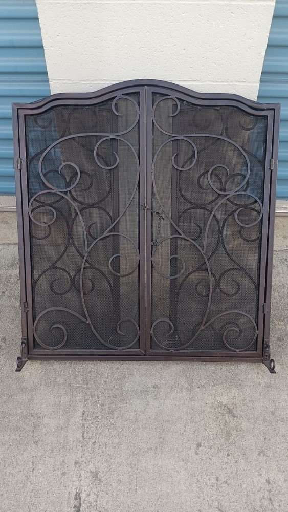 Modern 3 Panel Iron Folding Fireplace Screen with Doors, Black