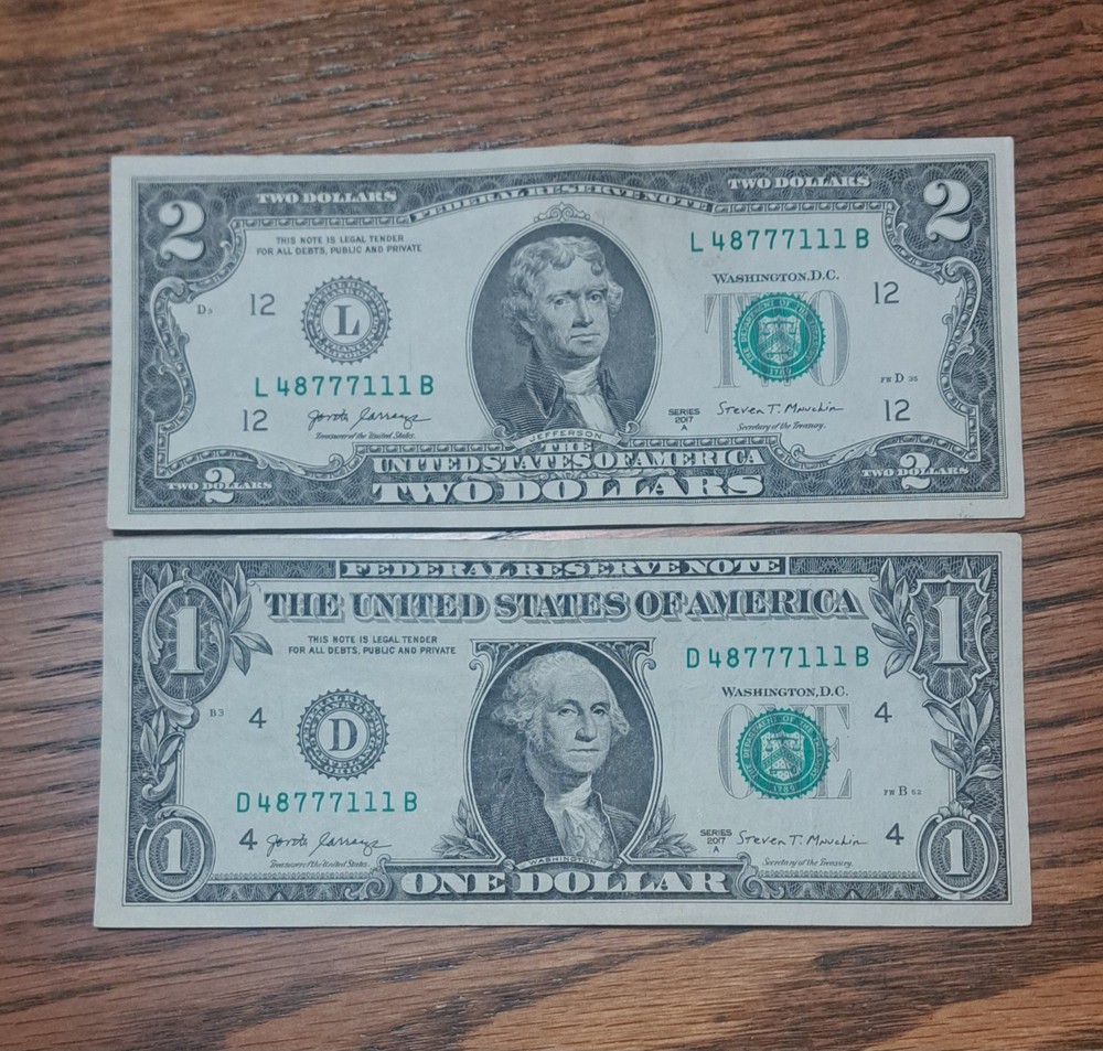 MATCHING $1 & $2 DOLLAR NOTES! –SAME SERIALS -