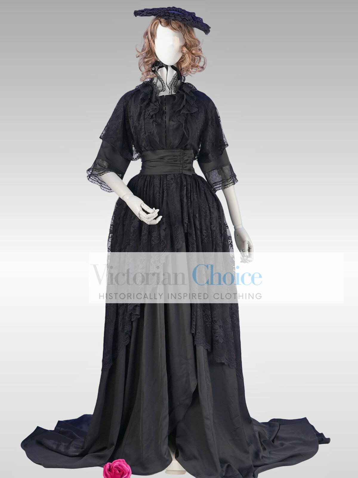 Black Victorian Edwardian Lace Overlay Romantic Gothic Wrapper Dress Theater 841