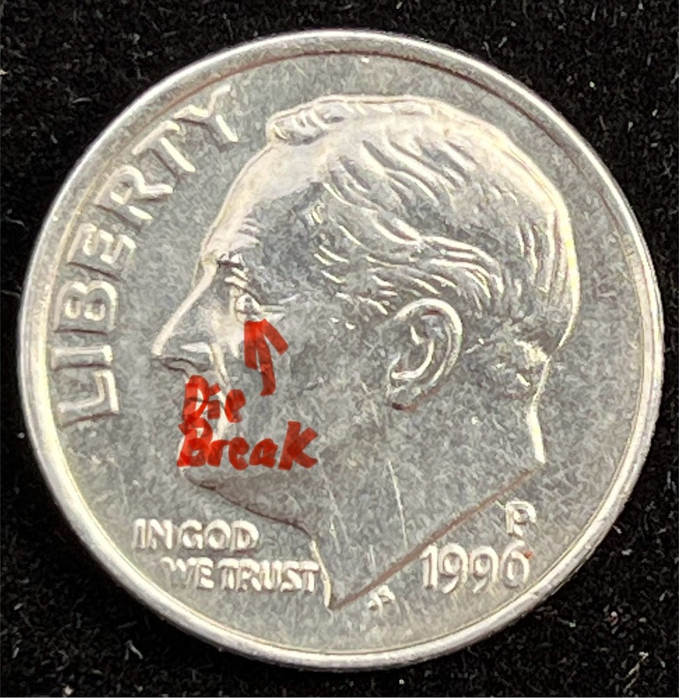 1996 P US Dime🔥FOREHEAD DOUBLED🔥INTDIE Chip OFFCTRSTRIKE DDO,DDR,RIM Variation