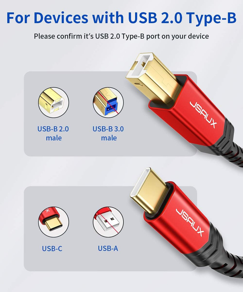 USB B to USB C Cable 10Ft, USB C Printer Cable Compatible with Macbook Pro, HP,