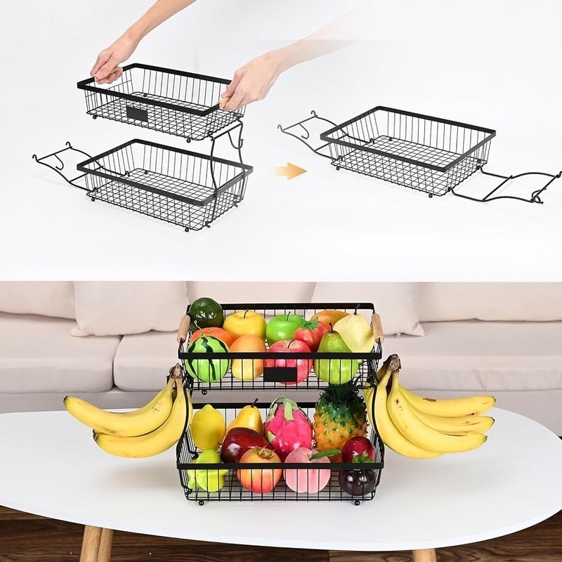 2 Tier Metal Fruit Basket Storage Rack Kitchen Organizer Multifunctional Display