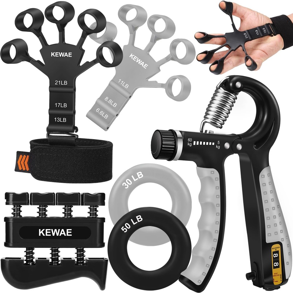 Grip Strength Trainer Kit 6 Pack with Finger Exerciser, Hand black grey