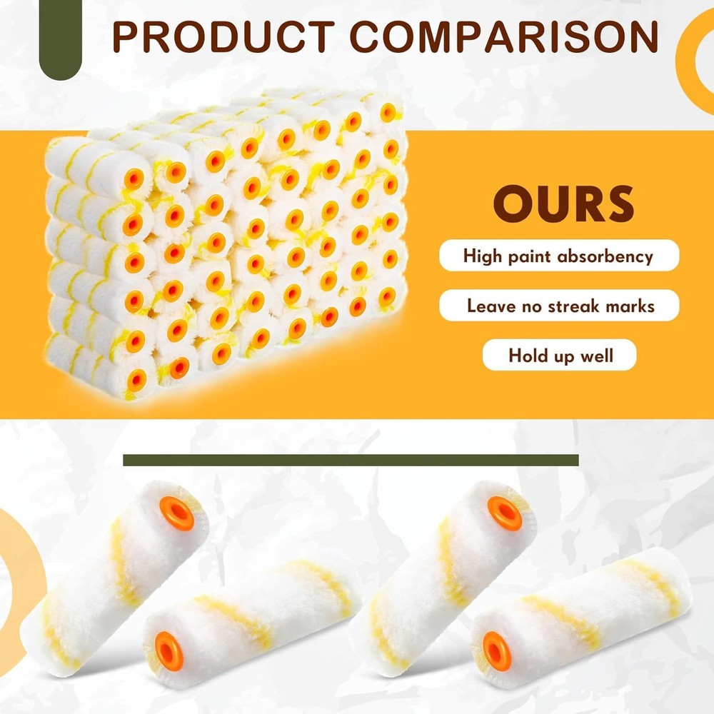 200 Pcs 4 Inch Mini Paint Roller Bulk Small Microfiber Roller Cover 1/2" Nap