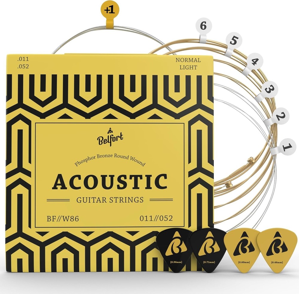 Phosphor Bronze Acoustic Guitar String Set + Bonus Picks & Extra E-String