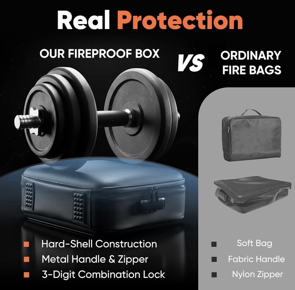 Fireproof Document Box, Hard Case Fireproof Box with Lock, Portable Hard-Shel...