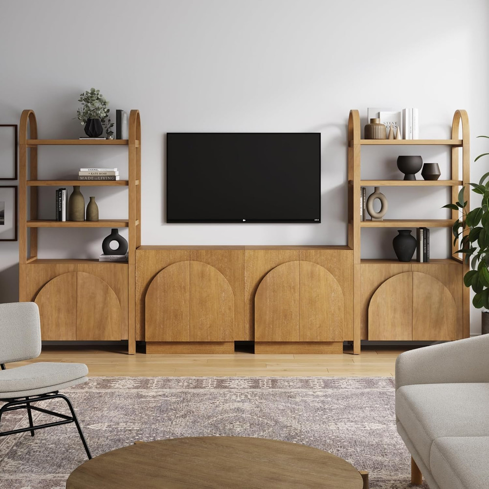 Iris Sideboard and Bookcase Set, Mid-Century Modern Solid Wood Storage Unit with