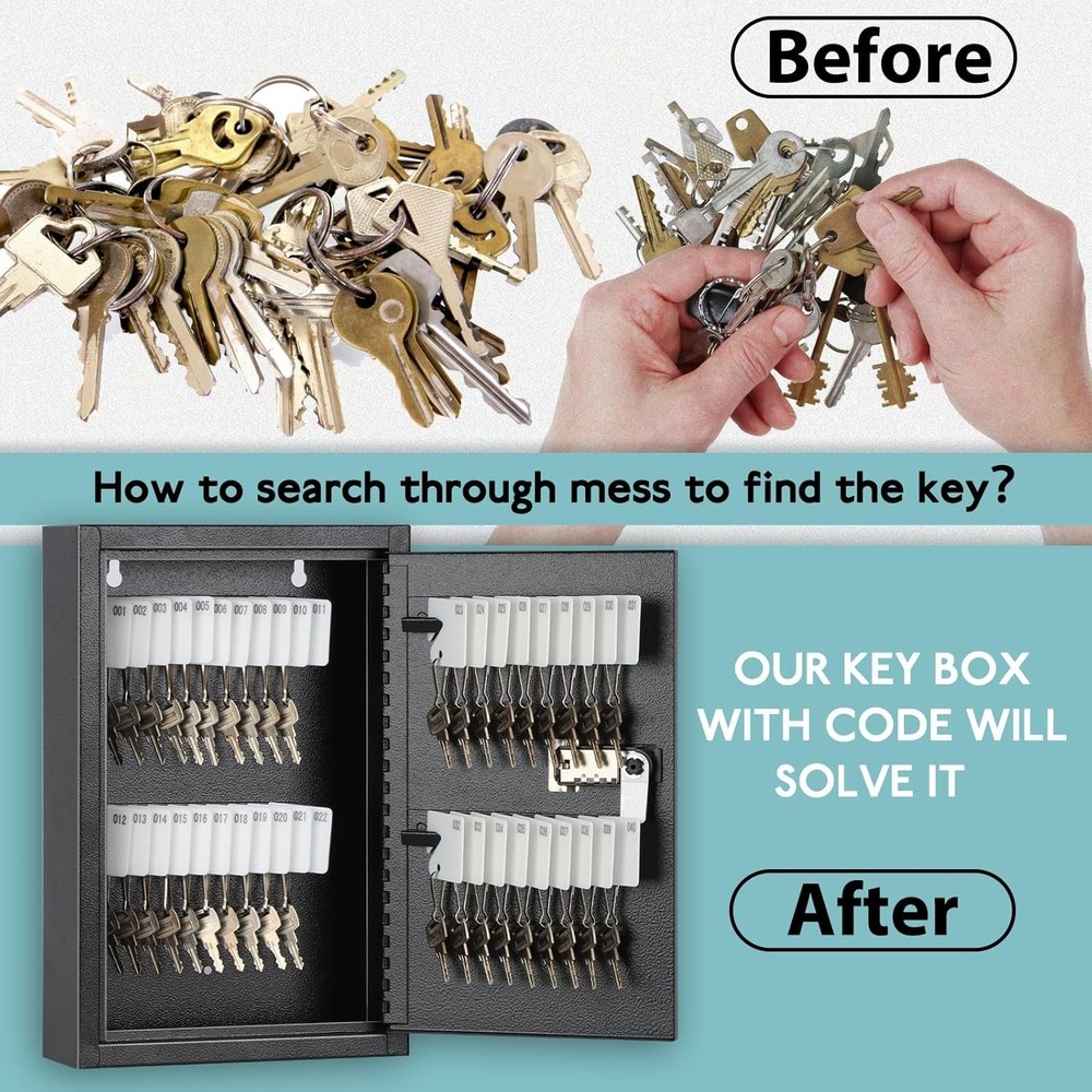 Locking Key Cabinet, 40 Key Storage Lock Box with Code, Key Box Wall Mount, New