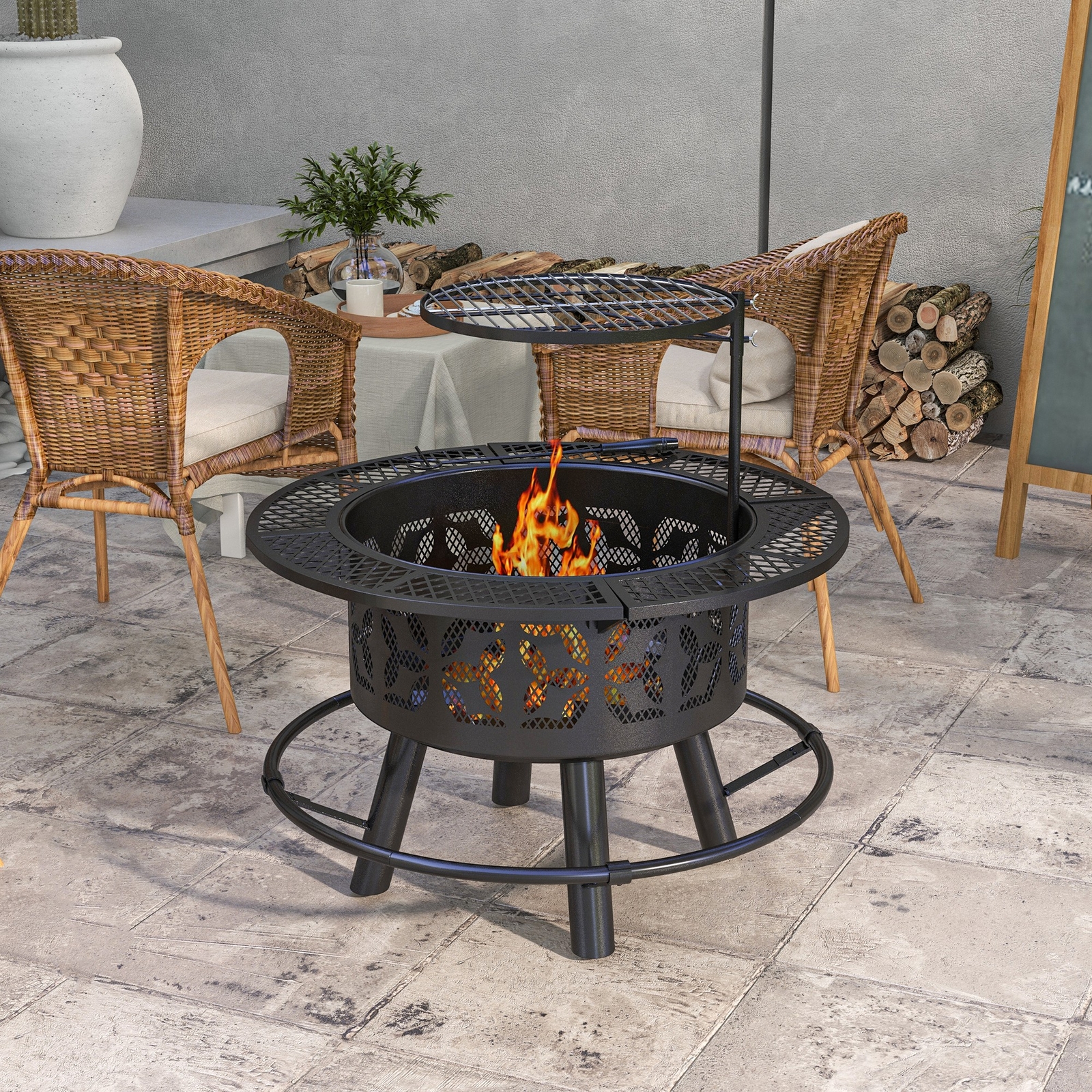 Outsunny Fire Pit BBQ Grill with Poker, Wood Burning Firepit, Black