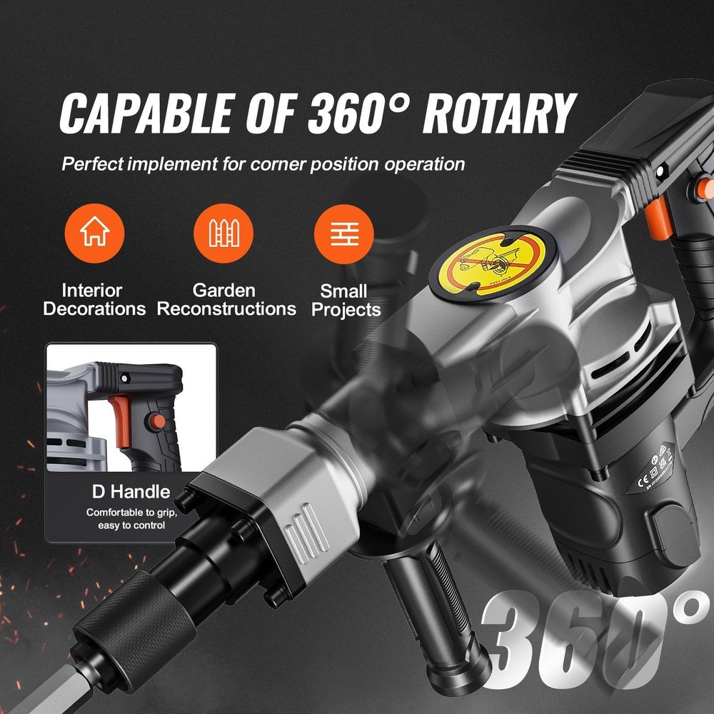 1400W Concrete Breaker Jackhammer 19J 2 Chisel Bits Rotating Handle