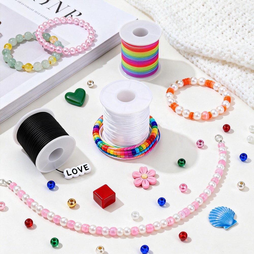 8pcs Elastic String Bracelet Making Kit, Stretchy Black, White, Rainbow
