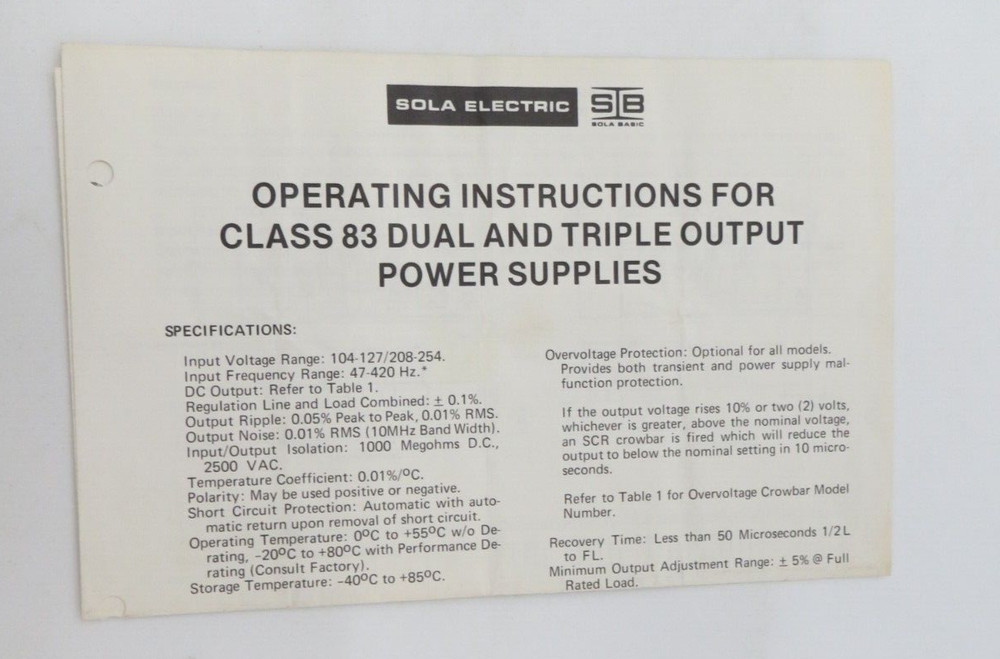 Operating Instructions for Class 83 Dual & Triple Output Power Supplies tech *