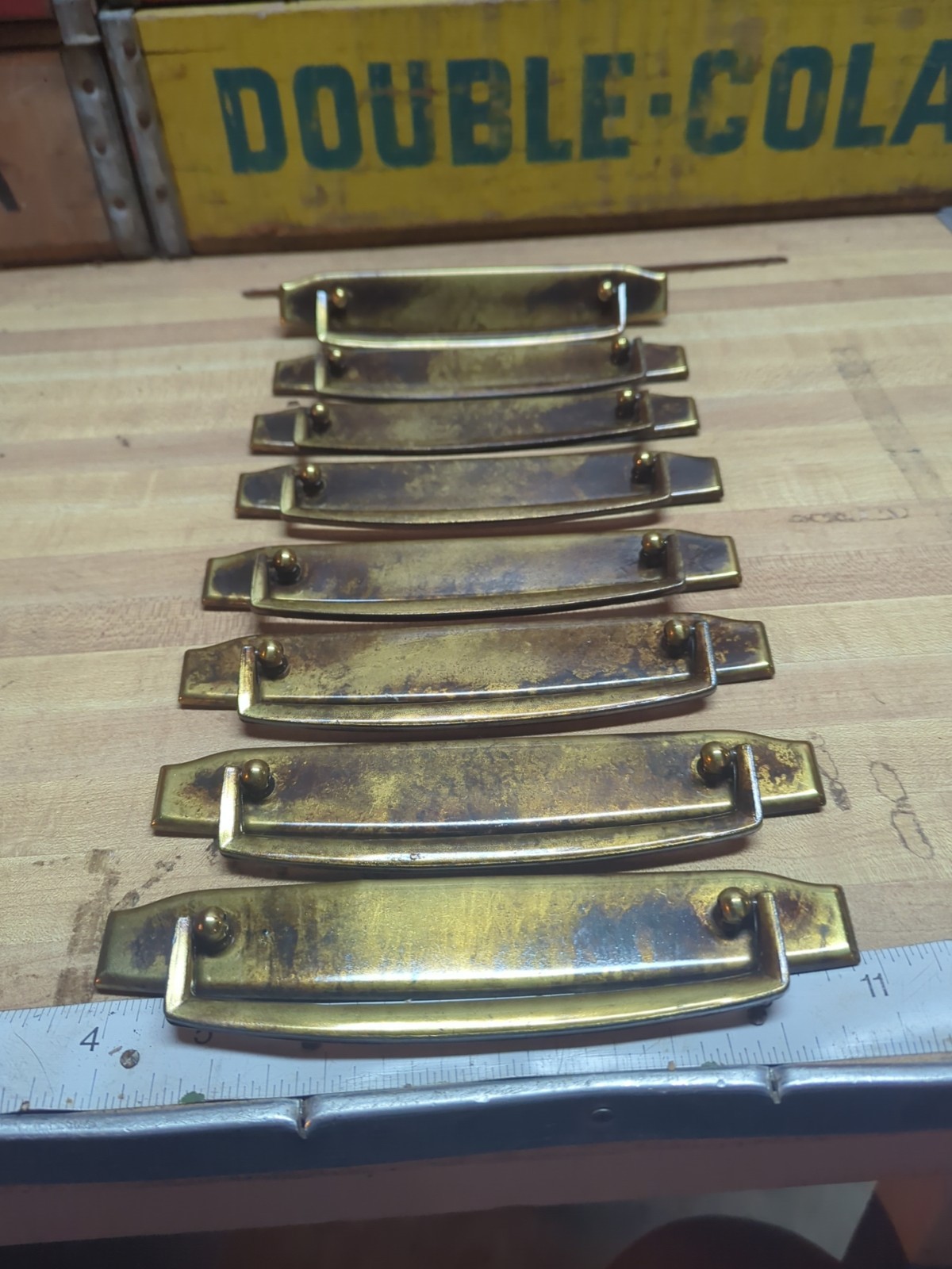 Lot of 8 Vintage Burnished Brass Drawer Pulls, 7" Long