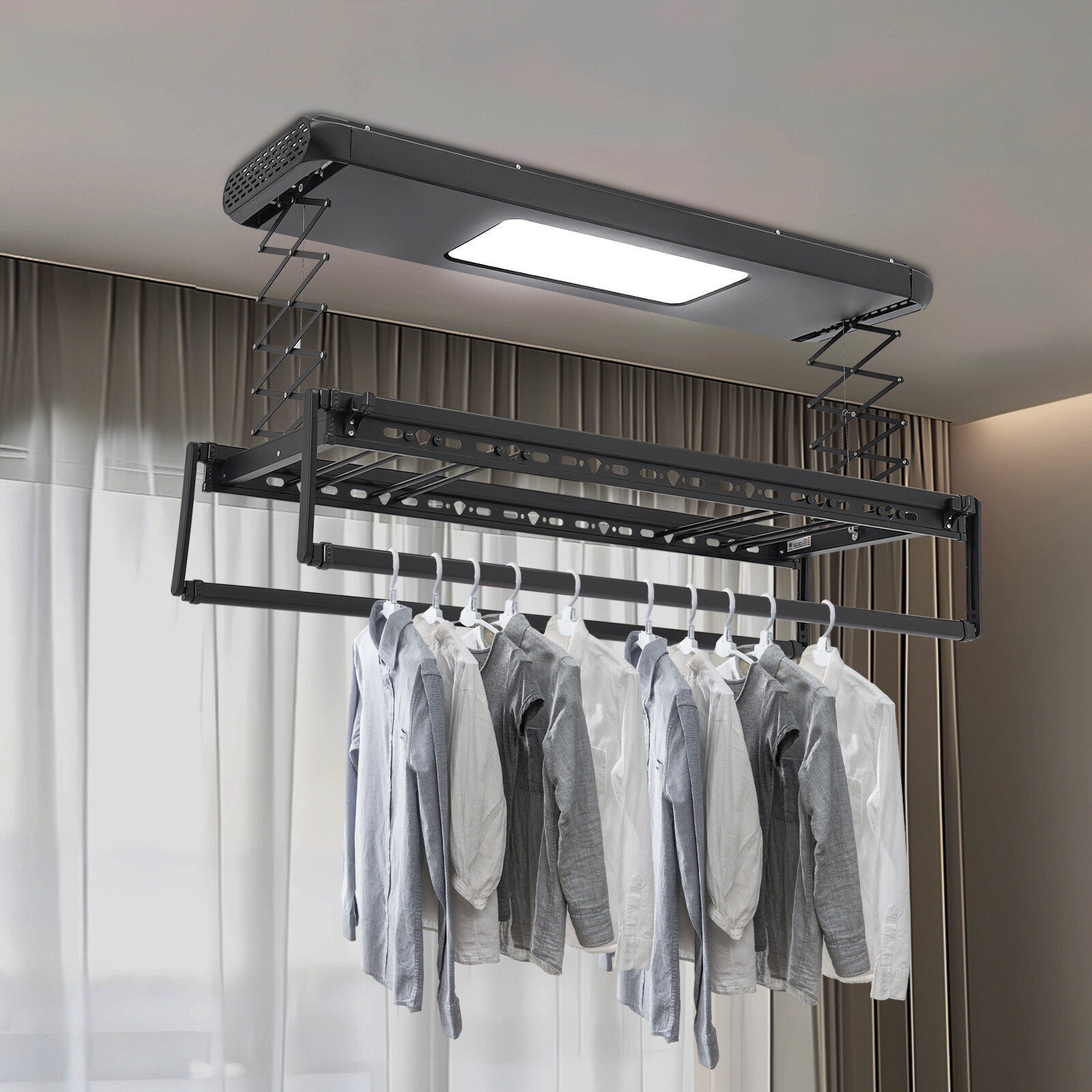 Wall and Ceiling Clothesline, Electrical Drying Rack w/ 8 Rod & Light Up Lamps