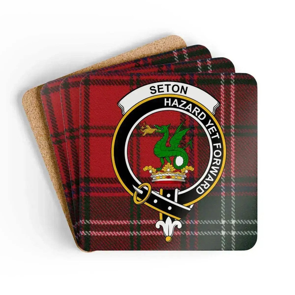 Seton Clan Crest Scottish Tartan Coaster Set