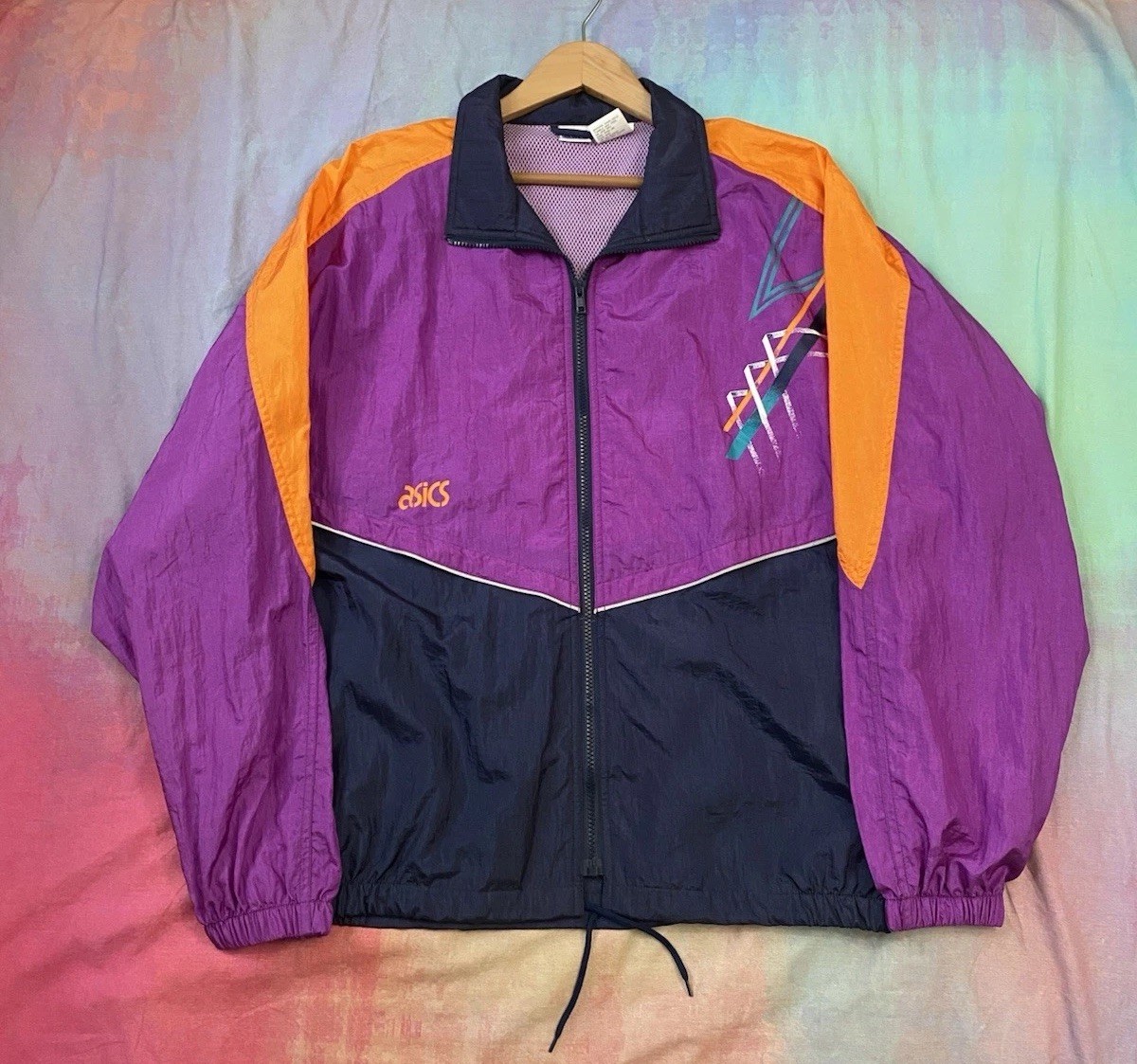 Vintage NWT 90s ASICS 3M Purple Orange windbreaker jacket Running Deadstock Sz L