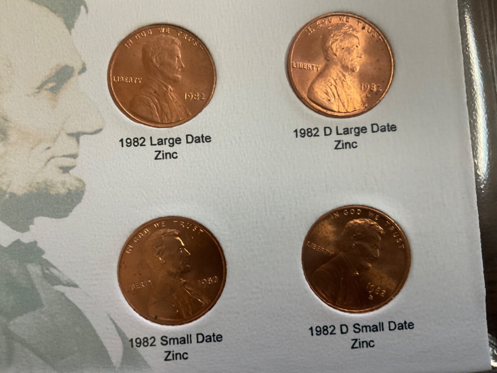 1982 Lincoln Cent 7 Coin Variety Set; BU; in Plastic Sleeve on Full Color Card