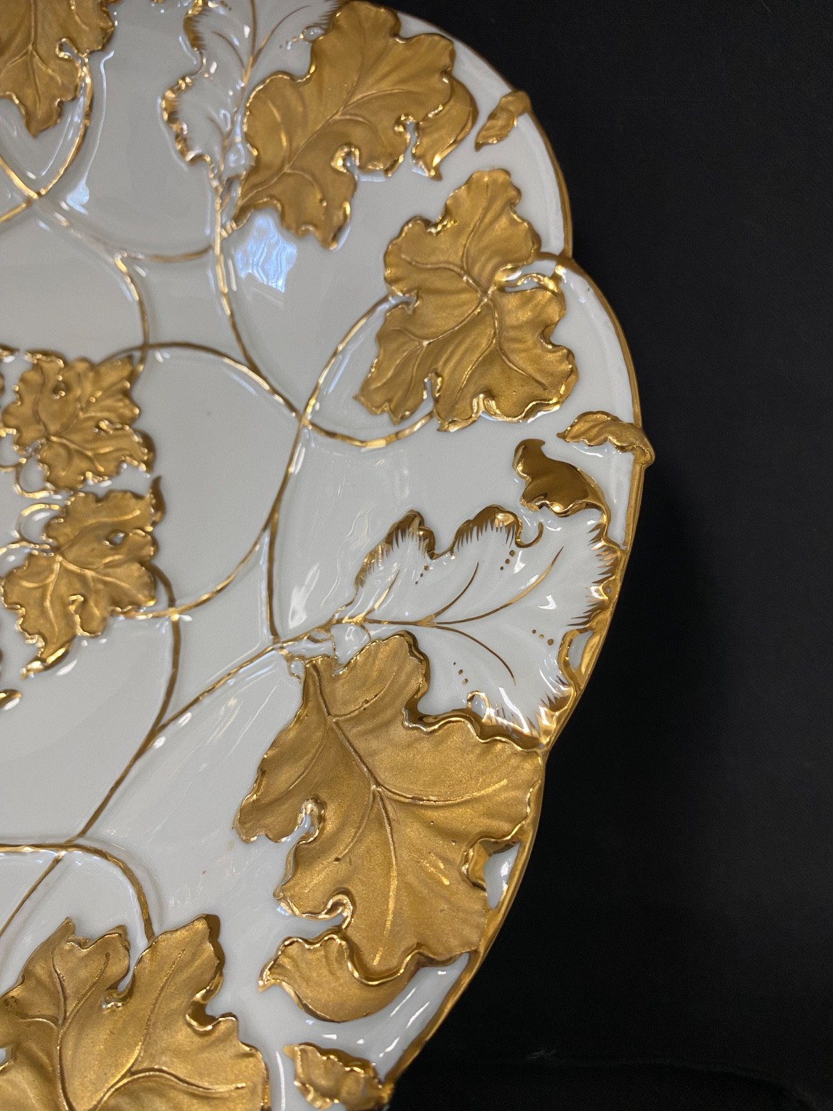 Antique Meissen Porcelain Fruit Bowl Serving Dish Gold Leaves 11"