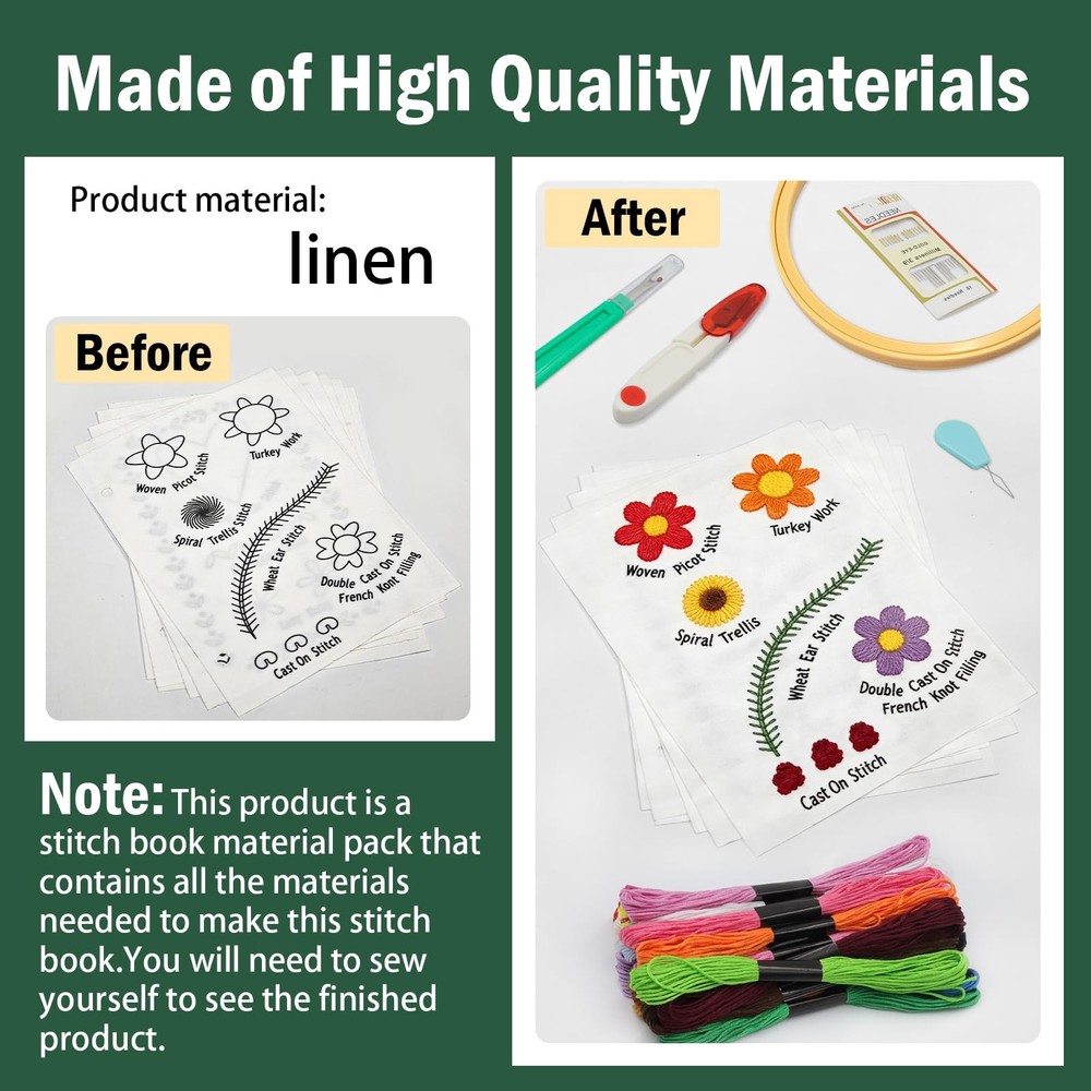 Beginner Embroidery Stitch Book Kit w/ Tools 6x8 Practice Patterns DIY Gift