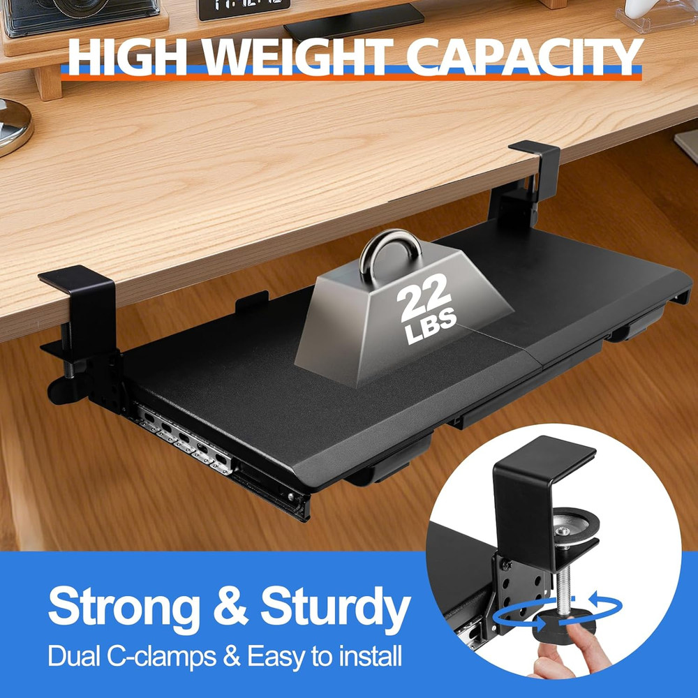 Large Height Adjustable Keyboard Tray with Sturdy C-Clamp Mount and Storage Draw