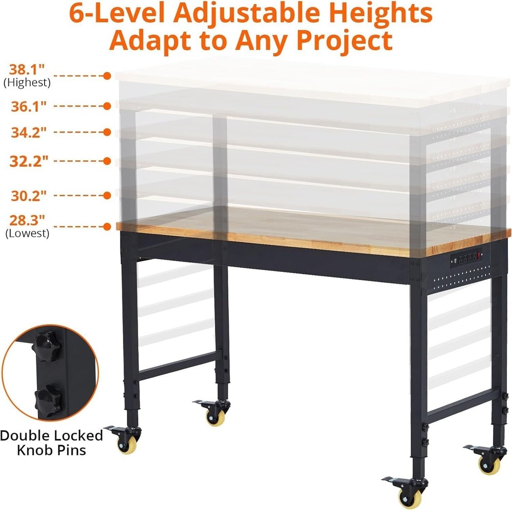 Workbench 48" x 24" Adjustable Height Worktable w/Power Outlets & Wheels 2000 Lb