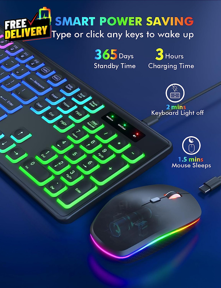 Wireless Keyboard and Mouse Combo RGB Backlit Rechargeable & Light up Lett.....