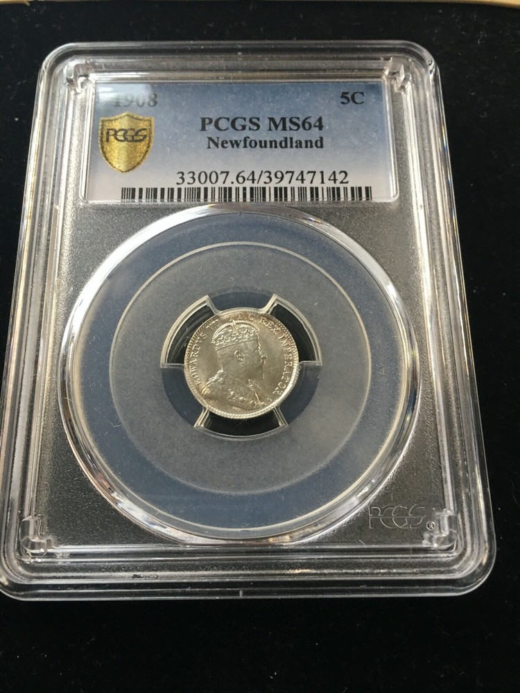 1908  PCGS Graded Newfoundland Five ¢5 Cent, **MS-64** #7142