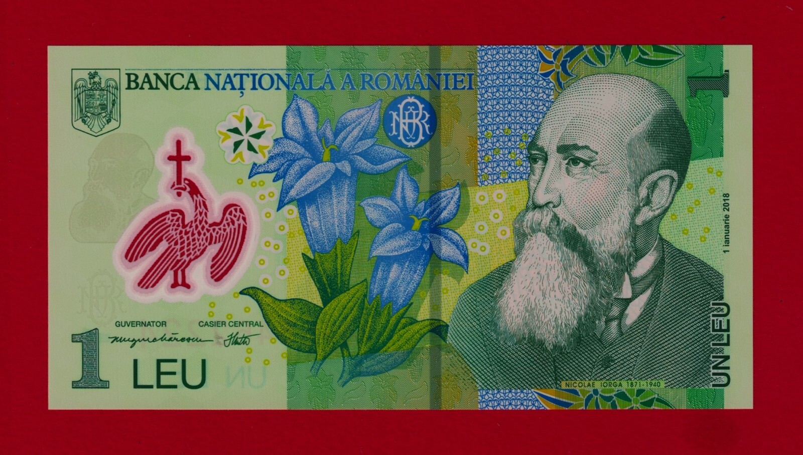 ROMANIA 1 Leu 2018 / 2024 UNC POLYMER BANKNOTE (Pick-117) - BNR - Nicolae Iorga