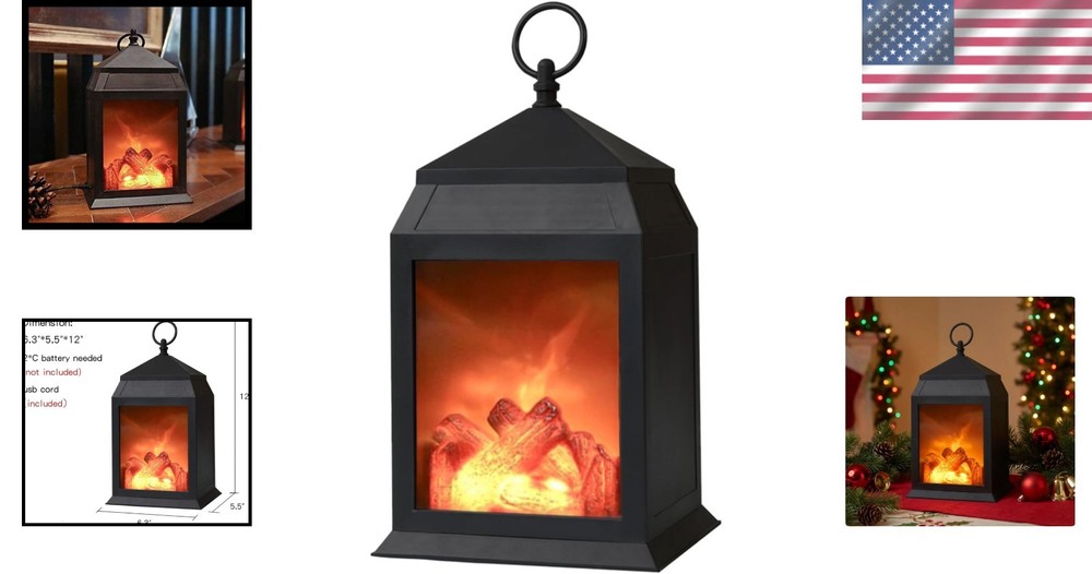 Black Tabletop Fireplace Lantern, Realistic Flame, Timer, USB/Battery, Indoor...
