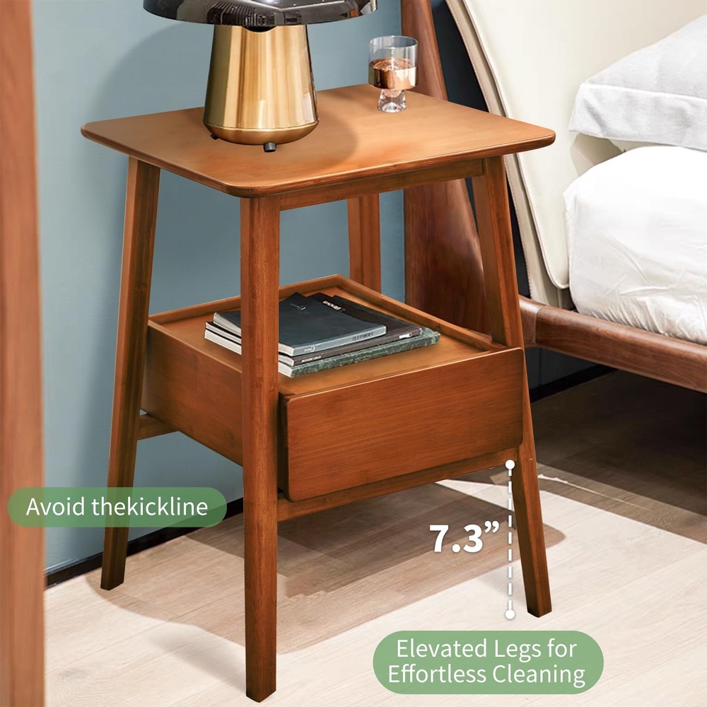Fluted Nightstand with Drawer – Tall Solid Bamboo Bedside Table with Open She...