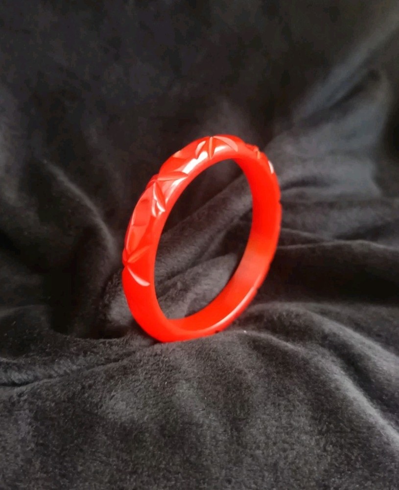 Vintage Bakelite Lucite Hand Carved Ruby Red Bangle 2.5" Diameter
