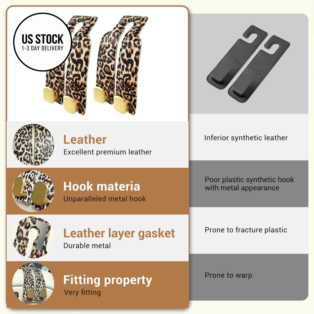 FLYEEGO 2 Pack Purse Hook for Car Headrest, Seat Back Storage Leopard