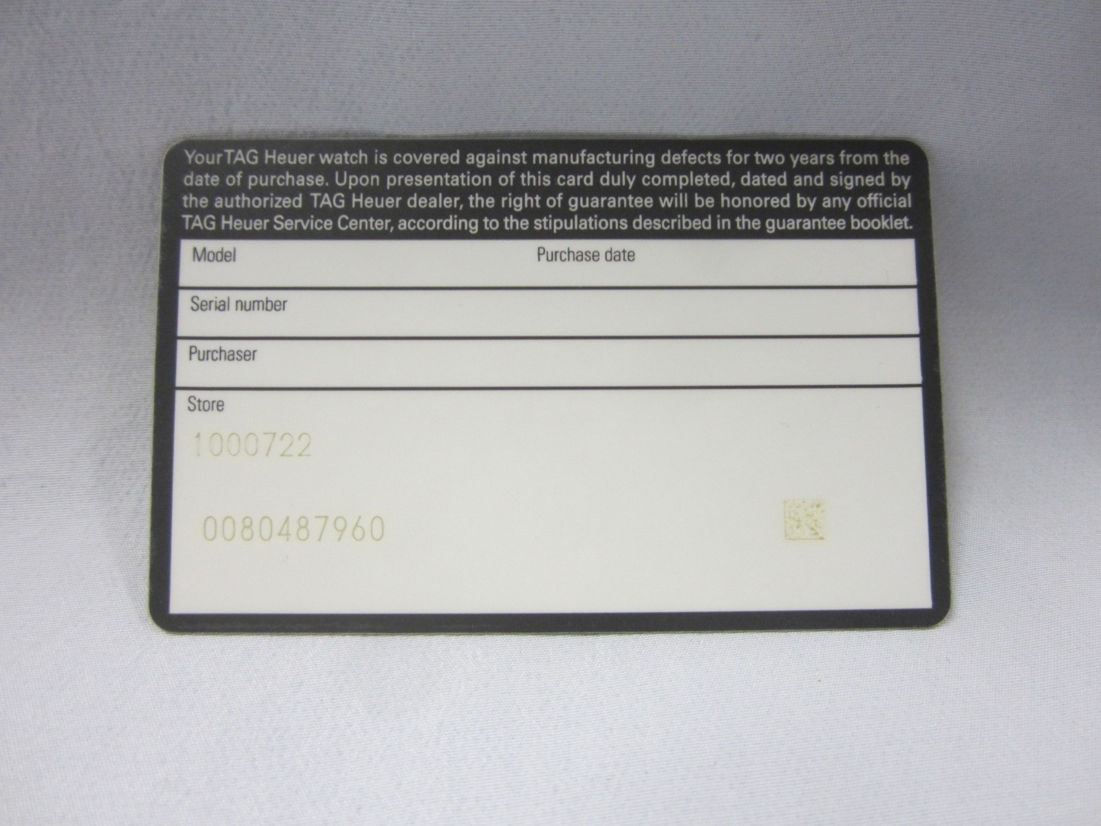 TAG Heuer 2-Years International Guaranty Card with Store Information Only NOS