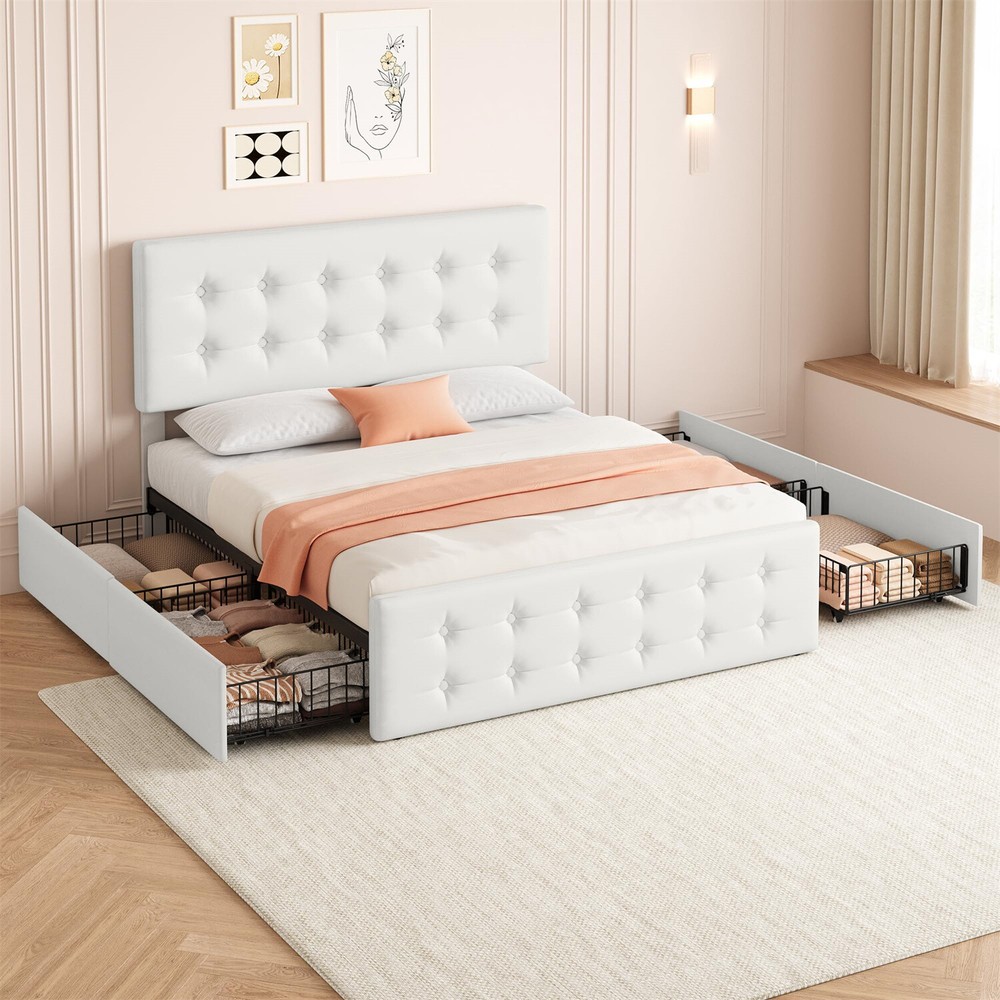 Full Size Bed Frame with 4 Storage Drawers and Headboard Upholstered Platform