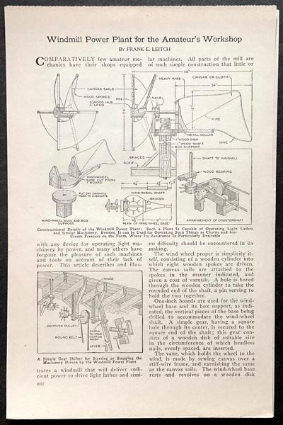 “Windmill Power Plant for the Workshop” 1920 Designs PLANS Wooden Sail powered