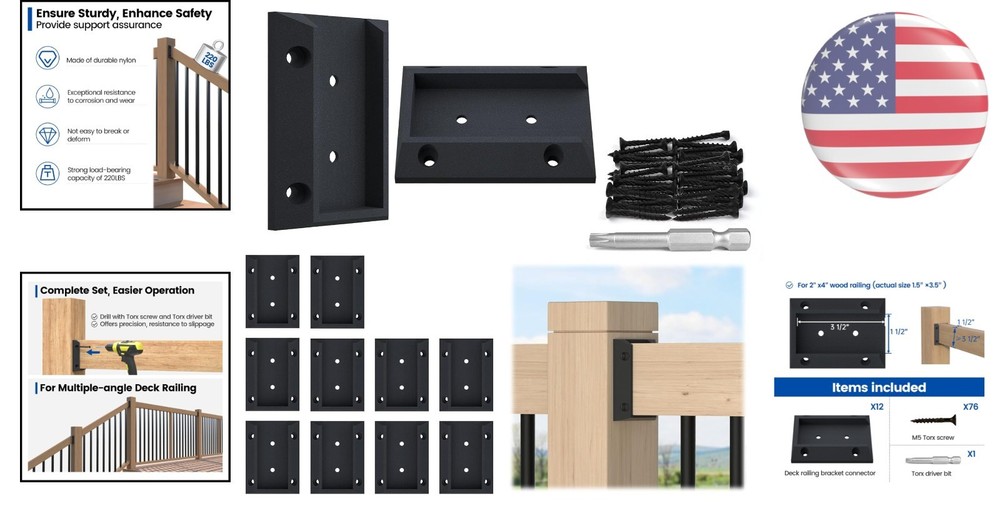 Sturdy 12Pc Bracket Kit for 2x4 Deck Railings - Includes 76 Screws & Driver Bit